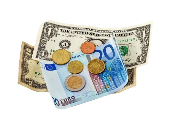 Dollar, Euro, Münzen — Stockfoto