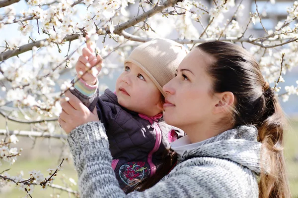 Donna con bambino vicino all'albero dei fiori — Foto Stock