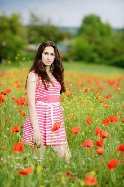 Brunetka v makovém poli — Stock fotografie