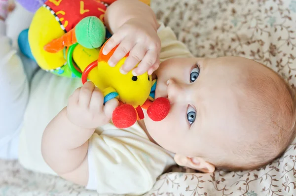 Ребенок кусает игрушку — стоковое фото