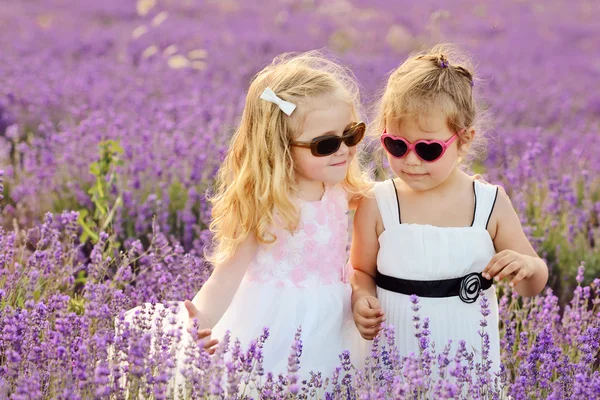 Two little girls on lavender field — Stock Photo, Image
