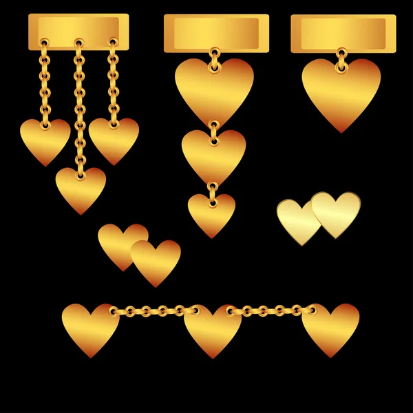 Conjunto de corazones decorativos de oro — Vector de stock