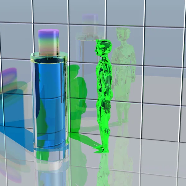 Zelený mimozemšťan se dívá na láhev — Stock fotografie