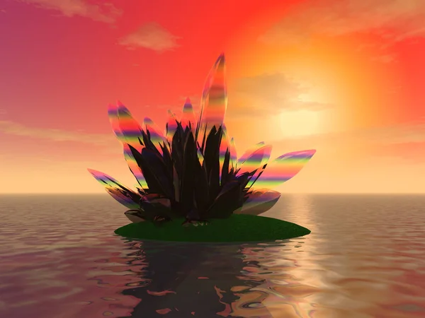 Ілюстрація Таємничий Кристал Острові Океані Фоні Заходу Сонця — стокове фото