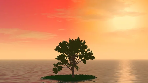 Illustration Mysterious Tree Small Island Ocean Sunset Background — Fotografia de Stock