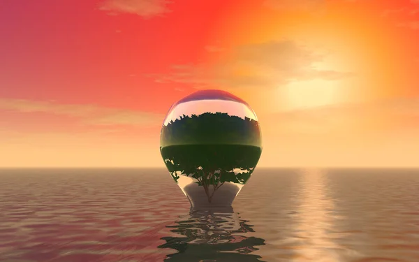 Illustration Mysterious Tree Bulb Huge Lamp Ocean Surface Sunset — Fotografia de Stock