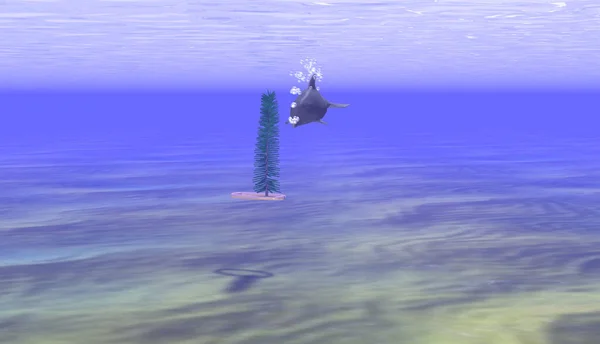 Ilustración Delfín Misterioso Nada Hasta Árbol Submarino — Foto de Stock