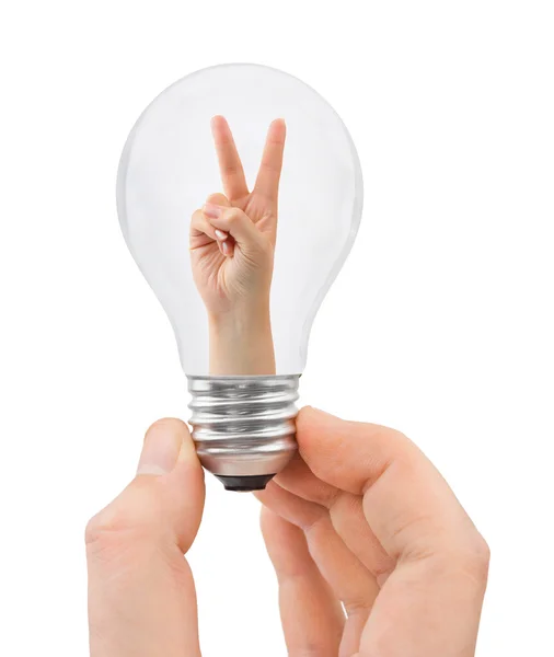 Hand with bulb and victory sign — Stock Photo, Image