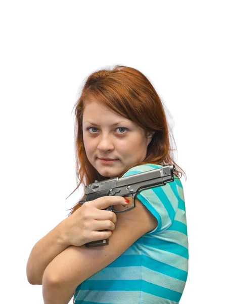 Jonge vrouw en gun — Stockfoto