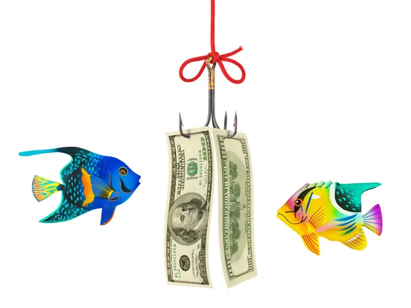 Rybářský háček a peníze — Stock fotografie