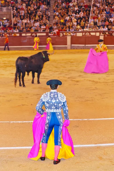 Matador and bull in bullfighting at Madrid — Stock Photo, Image