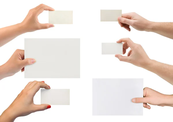 Uppsättning händer med papperskortはがきの木製フレーム — Stockfoto
