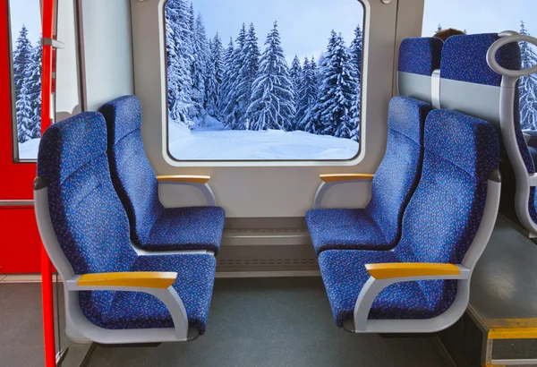 Interior of train and winter forest — Stock Photo, Image