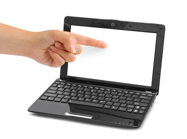 Notebook computer and pointing hand — Stock Photo, Image