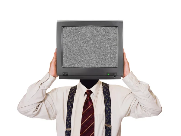 ヘッドのための騒々しいテレビ画面を持つ男 — ストック写真