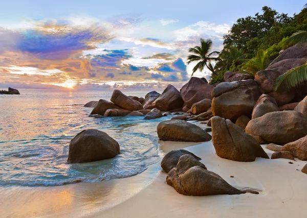 Seychellerna tropisk strand i solnedgången — Stockfoto