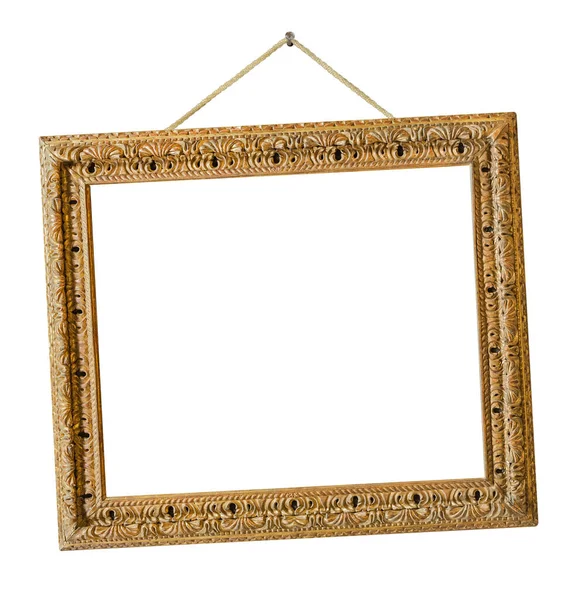 Old Wooden Picture Frame Hanging Rope Isolated White Background — Stock Photo, Image