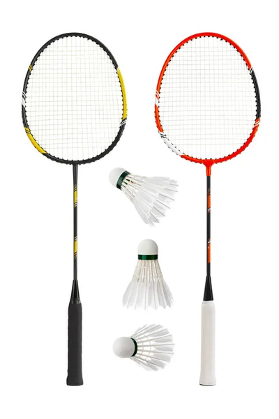Racchette Badminton Volani Piume Isolati Sfondo Bianco — Foto Stock