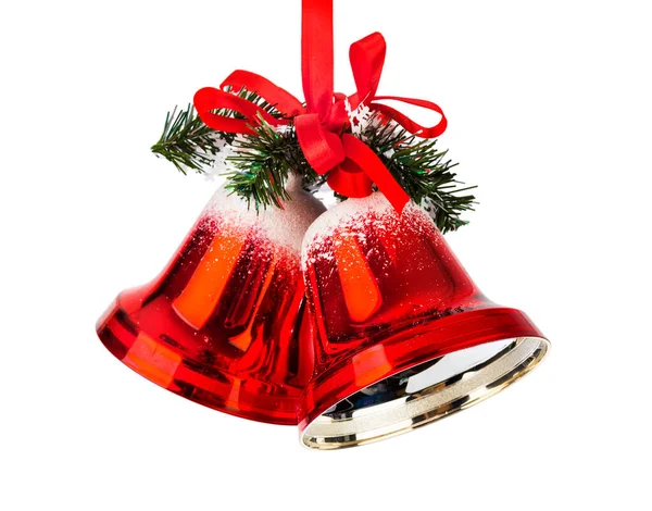 Weihnachtsglocken Mit Roter Schleife Auf Weißem Hintergrund — Stockfoto