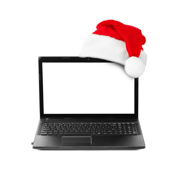 Notebook Und Weihnachtsmann Roter Weihnachtsmütze Isoliert Auf Weißem Hintergrund — Stockfoto