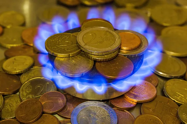 Coins Gas Burner Kitchen Stove Business Background — Stock Photo, Image