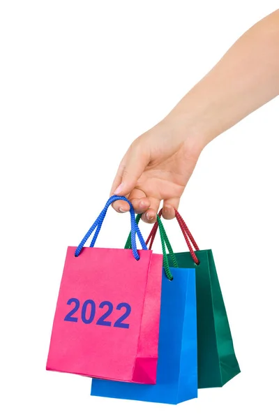 Mano Con Shopping Bags 2022 Isolato Sfondo Bianco — Foto Stock