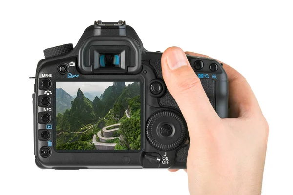 Kamera Und Gebirgsstraße Naturpark Tianmenshan China Mein Foto Isoliert Auf — Stockfoto