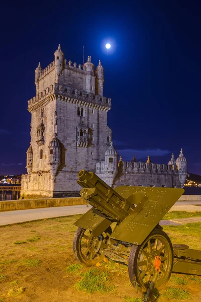 Πύργος Της Μπελέμ Και Κανόνι Λισσαβόνα Πορτογαλία Αρχιτεκτονική Φόντο — Φωτογραφία Αρχείου