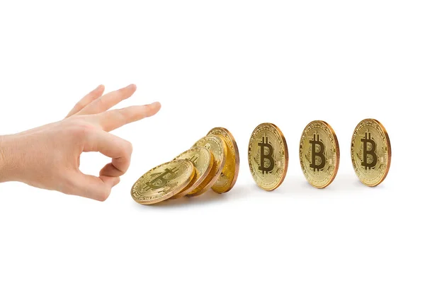 Ręczne Spadające Bitcoiny Izolowane Białym Tle — Zdjęcie stockowe