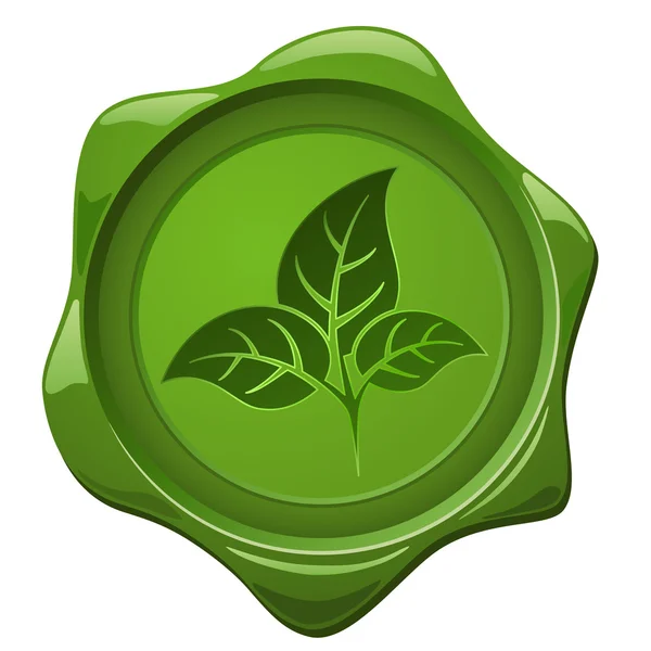 Eco teken. groene lakzegel met bladeren vorm — Stockvector