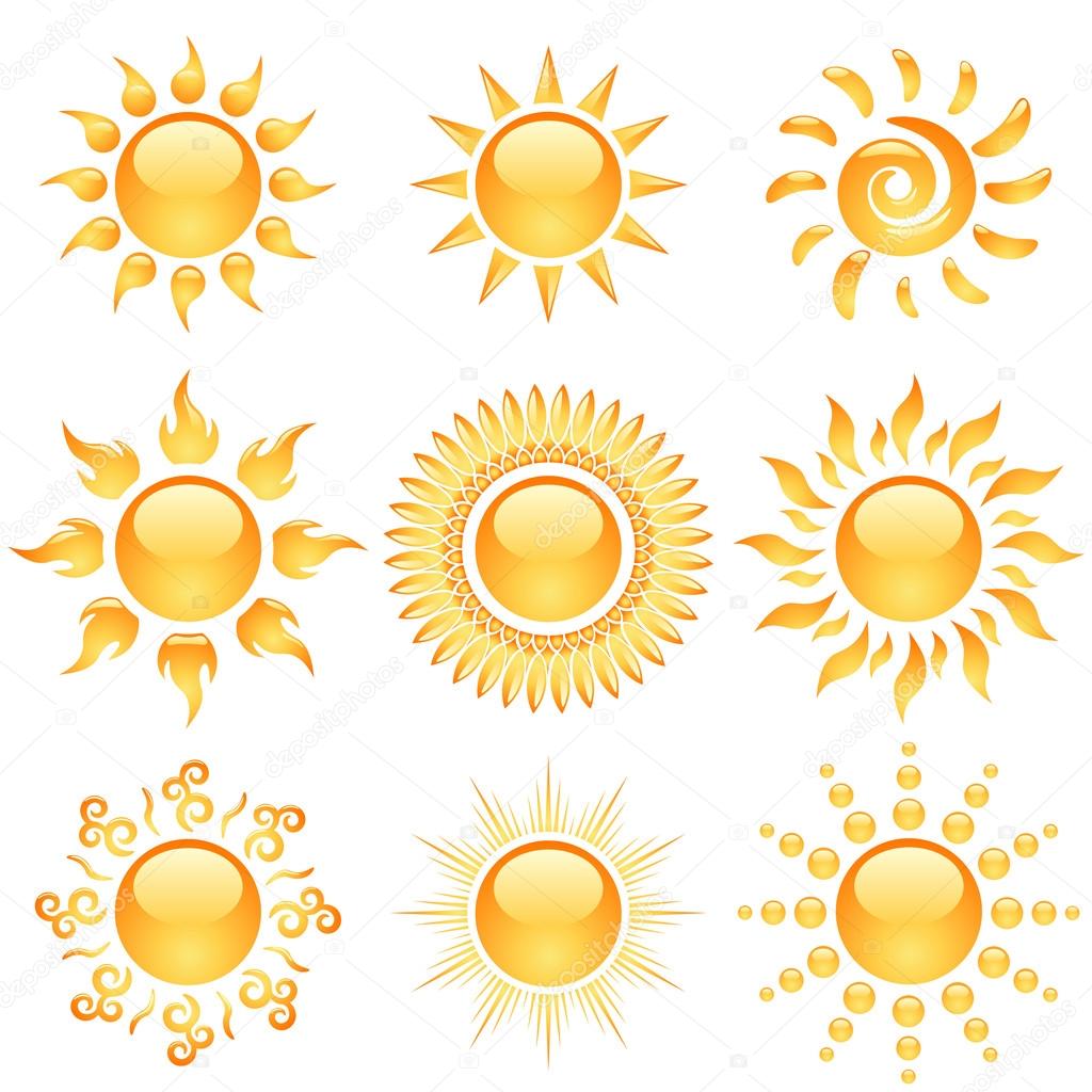 Yellow glossy sun icons collection isolated on white.