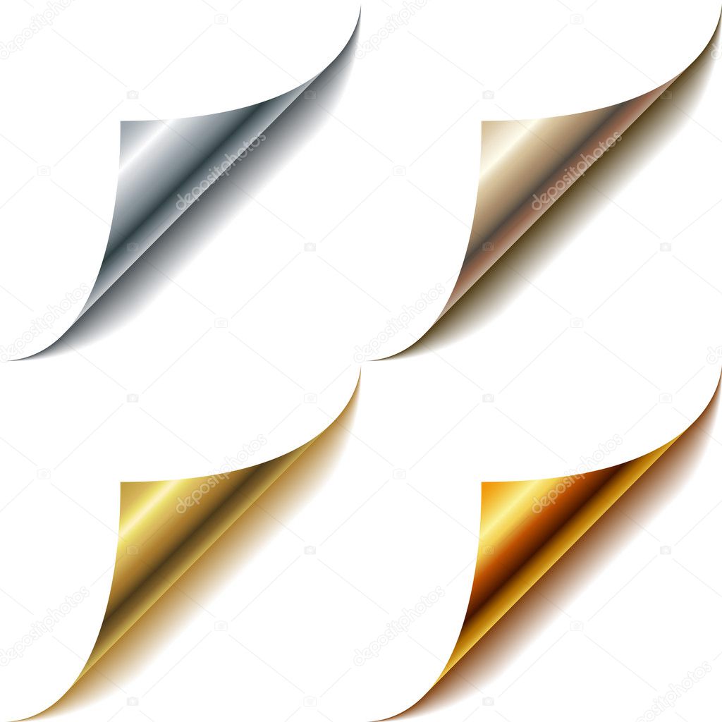 Curled metallic page corners set isolated on white.