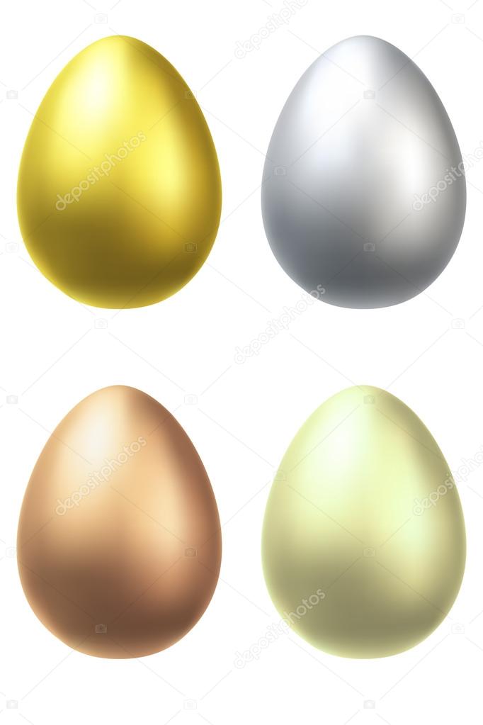 Metal eggs realistic vector illustration - silver, gold, bronz