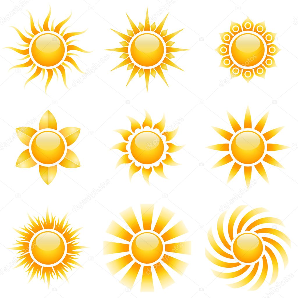 Yellow sun vector icons isolated on white background.
