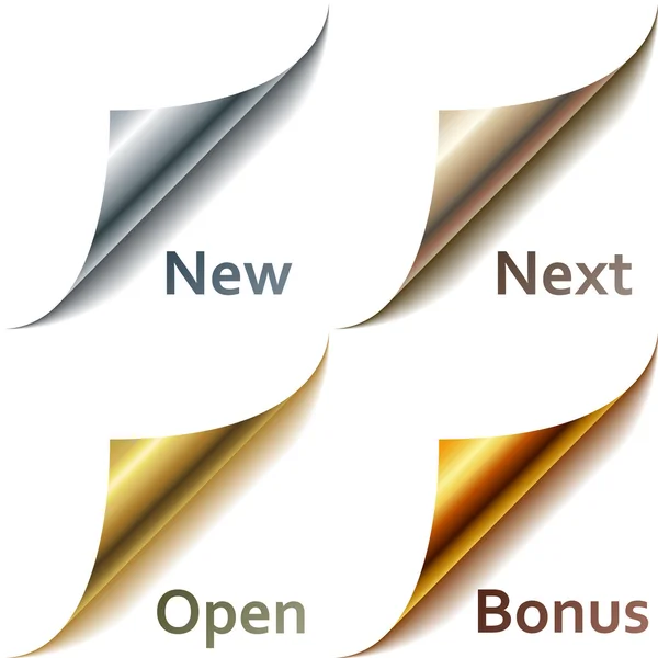 Curled metallic page corners with sample tags. — Stock Illustration Curled metallic page corners with sample tags. Royalty Free Stock Vectors