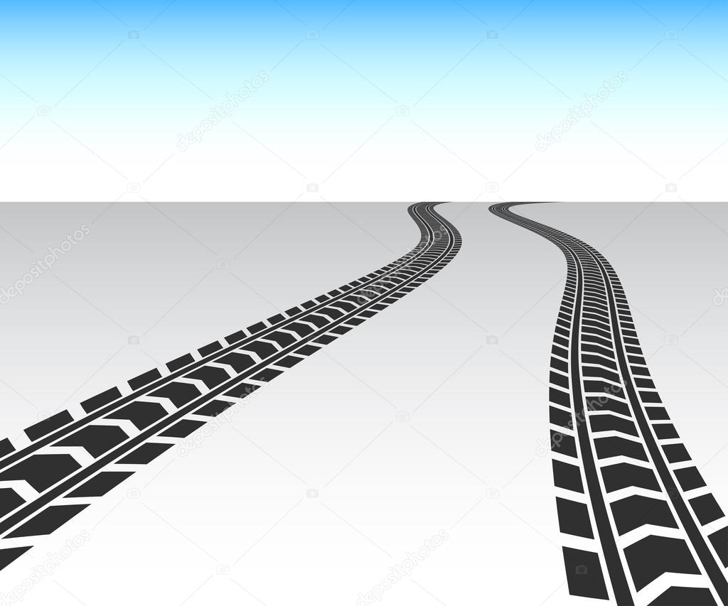 Perspective black truck tire track vector background.