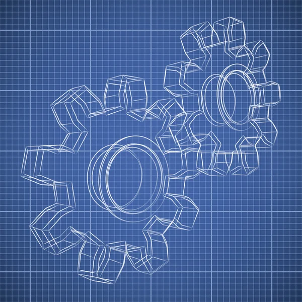 Dessin croquis roue dentée 3D sur fond de plan . — Image vectorielle