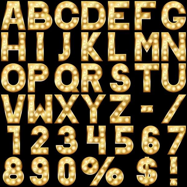 Goldenes Alphabet mit Schaulampen — Stockvektor