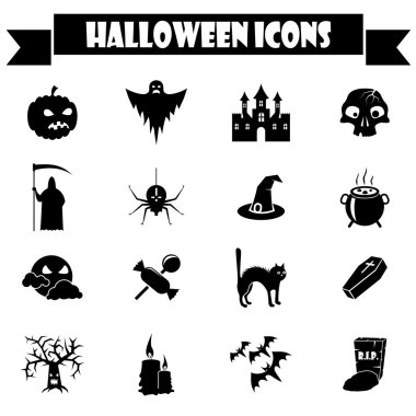 siyah-beyaz Cadılar Bayramı vector Icons set.