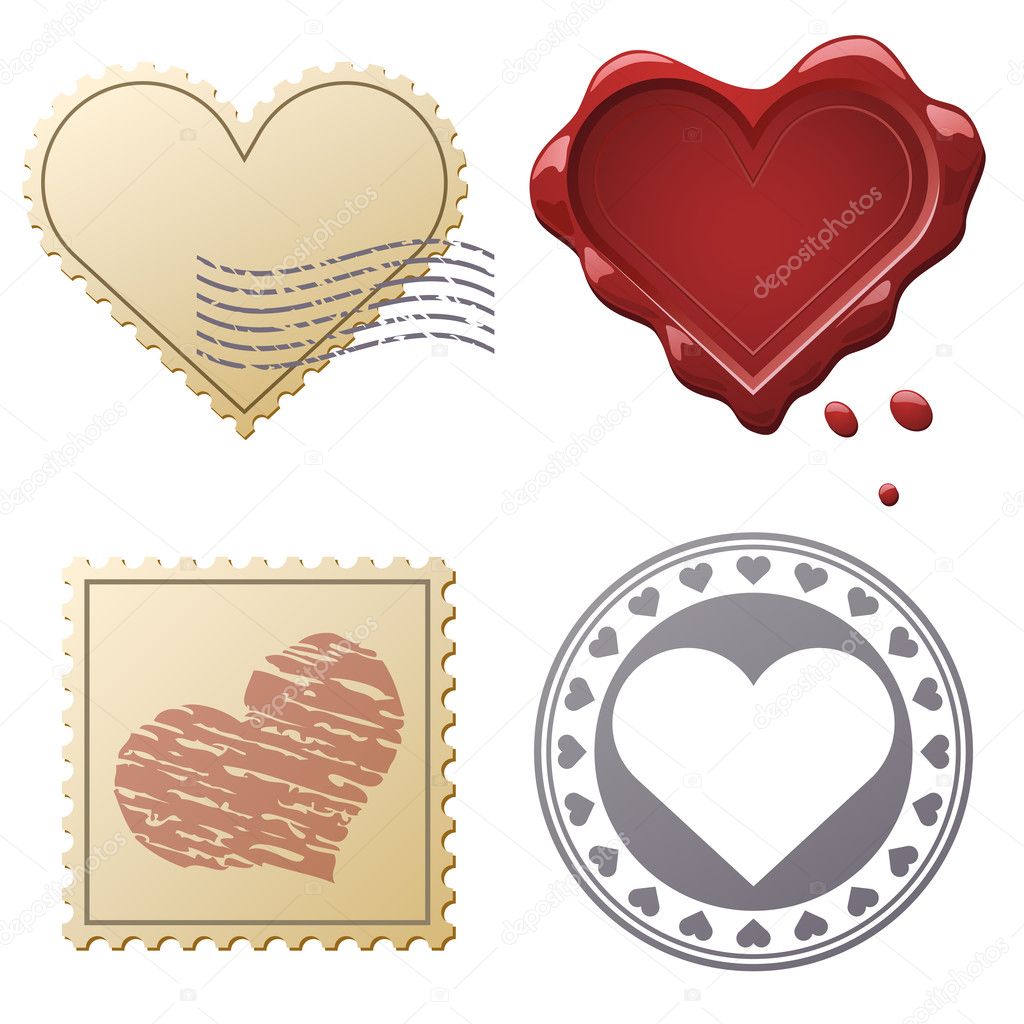 Valentine postage set with stamps and seals isolated on white ba