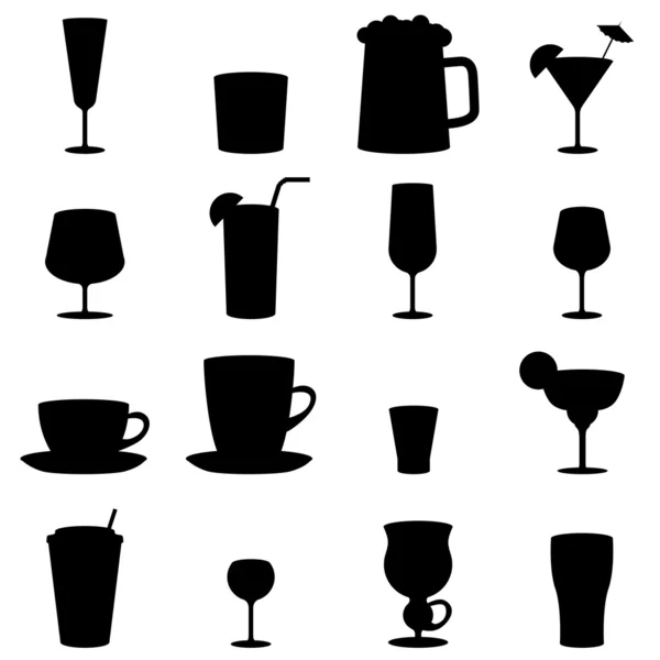 Ícones de vidro de bebida preto e branco isolados no fundo branco . — Vetor de Stock