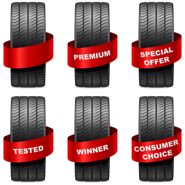 Neumáticos de verano con pancartas rojas promocionales — Vector de stock
