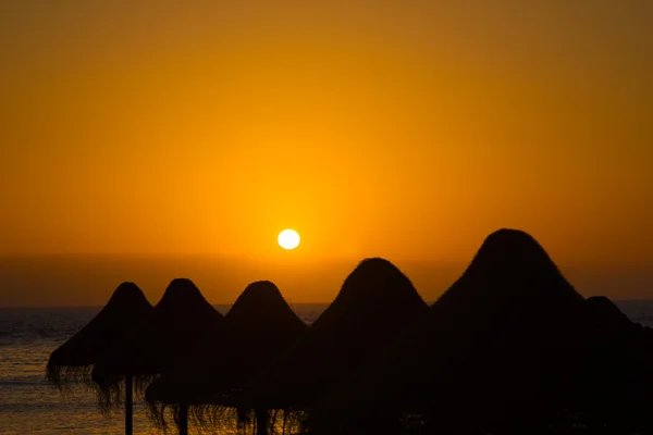 Straw sunshade silhouettes in orange sunset at Tenerife island, — Stock Photo, Image