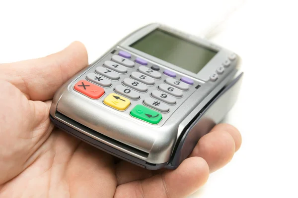 The modern bank terminal in a man's hand — Stock Photo, Image