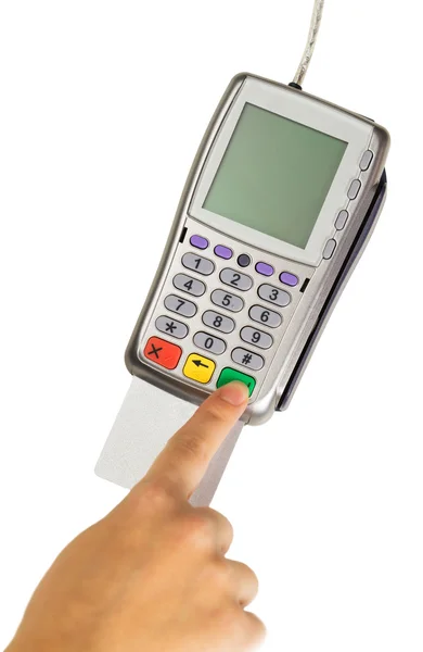 Платежный терминал - ввод PIN-кода пальцем — стоковое фото