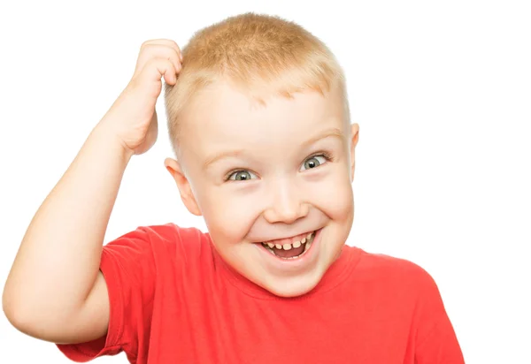 Doordachte kleine jongen op een witte achtergrond — Stockfoto