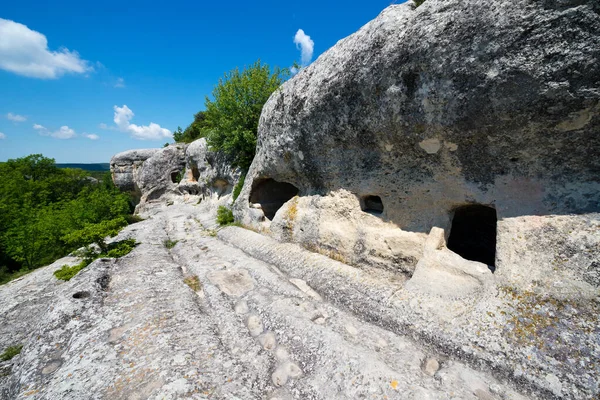 Estrada Principal Entre Cavernas Pedra Antiga Cidade Fortaleza Eski Kermen — Fotografia de Stock