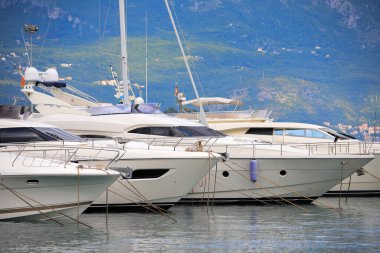 Budva 'daki Dukley Limanı' na demirlemiş lüks yatlar ve tekneler.