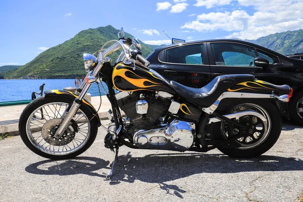 Perast Montenegro Julho 2021 Helicóptero Motocicleta Harley Davidson — Fotografia de Stock