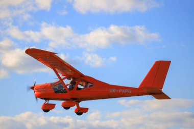 Nalyvaykivka, Ukraine - 13 august, 2020: Private propeller plane Aeroprakt-32L flies in the sky